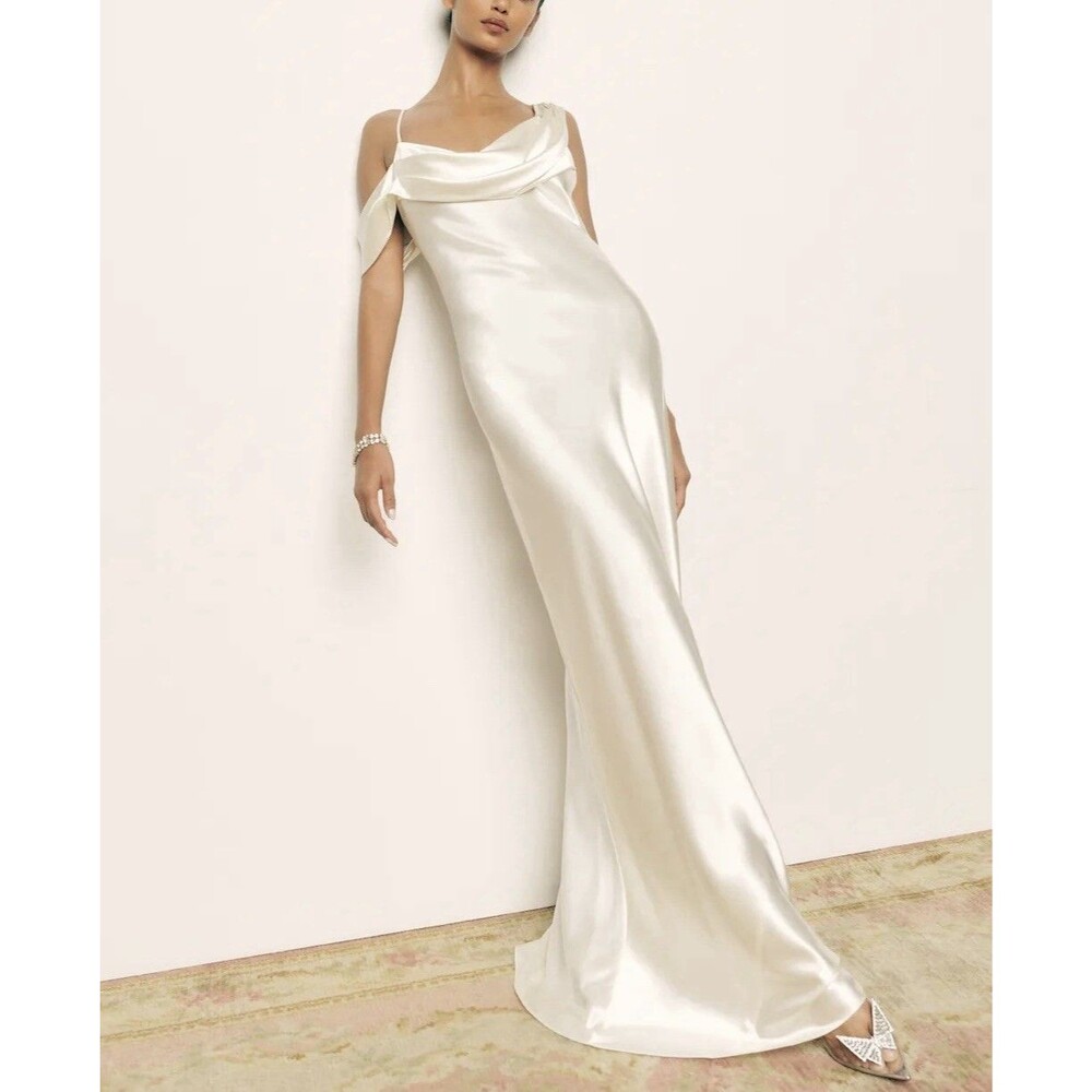 Reformation Ronda Silk Dress Ivory Maxi Wedding Gown Cowl Neck Elegant Size 4